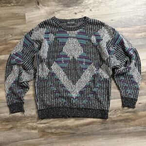Vintage Ellis Island Sweater Men’s M USA Made 90s Coogi Style Geometric